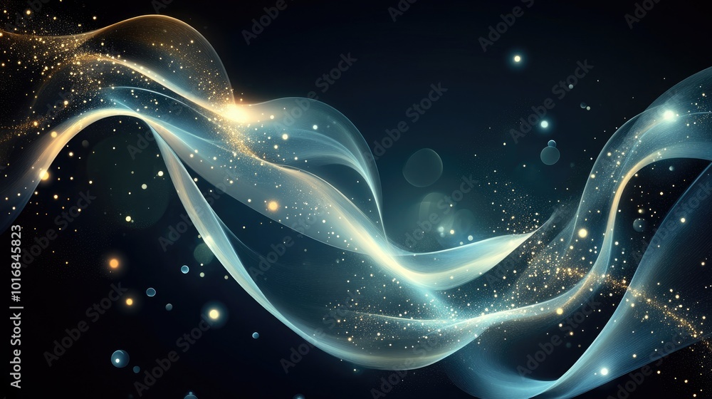 Poster shimmering abstract waves with glowing lines and sparkling particles on a dark canvas, offering an e