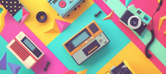 90s Pop Culture Banner with Walkman, Pager, and Retro Video Camera on Vibrant Abstract Background