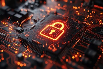 extreme closeup of a circuit board with a glowing padlock icon representing cybersecurity binary code and connection lines overlay the image creating a sense of digital protection and data flow