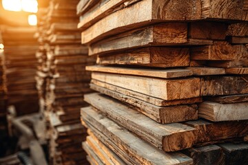 Fototapeta premium Stacked Wooden Planks in Sunlight with a Blurred Background