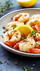a plate of shrimp with a lemon wedge on top of it