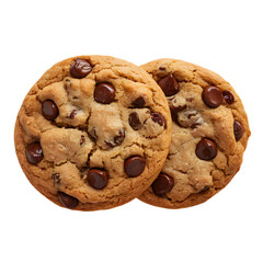 Two golden brown chocolate chip cookies with visible chips on white background