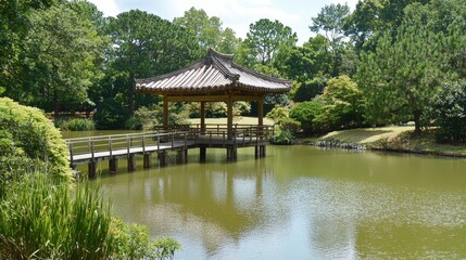 Obraz premium A serene pagoda overlooking a tranquil pond in a lush garden on a sunny afternoon