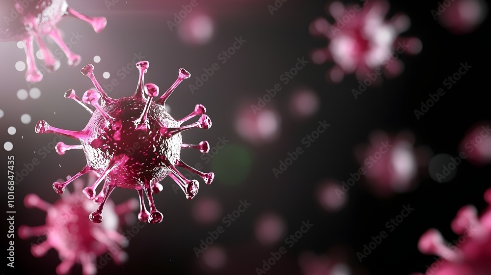 Poster surreal floating viruses - translucent biohazard with futuristic microscopic structure in glowing de