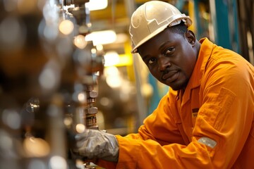 Industrial Worker in Hard Hat Operating Machinery