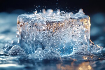 extreme closeup of a single ice cube with intricate internal structures and refractions crisp edges and melting droplets capture the essence of cold refreshment