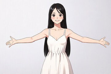 Woman smiling, giving a hug gesture with both her hands, standing with arms outstretched.