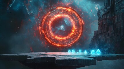 A bright portal above a floating platform with glowing stones and runes