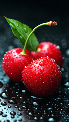 a red strawberry with water drops on it and a green leaf