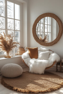  Naturalna, przytulna aranżacja wnętrza. Okrągłe lustro i fotel z plecionki, puszyste poduszki, trawa pampasowa i jutowy dywan tworzą boho nastr&oacute;j.