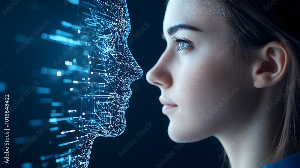 Poster revolutionary ai facial mapping technology - futuristic biometric identification with seamless autom