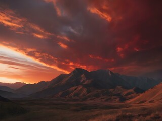 A sky filled with deep red and orange tones as the sun sets behind mountains, casting a dramatic, almost apocalyptic glow over the landscape

