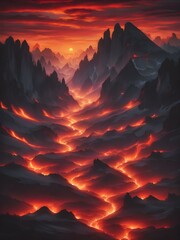 A sky filled with deep red and orange tones as the sun sets behind mountains, casting a dramatic, almost apocalyptic glow over the landscape
