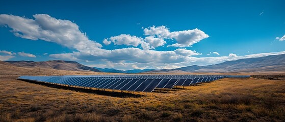 Expansive solar farm sprawling across a vast arid landscape symbolizing the potential for renewable energy to reduce environmental impact and pave the way for a sustainable future