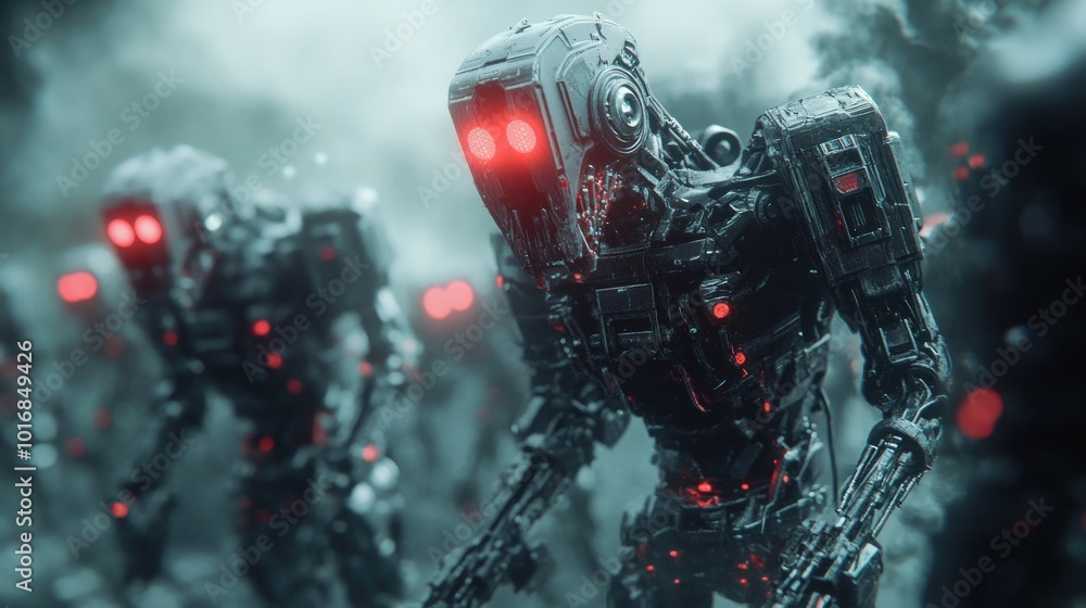 Poster a group of robotic figures with glowing red eyes in a misty, futuristic environment.