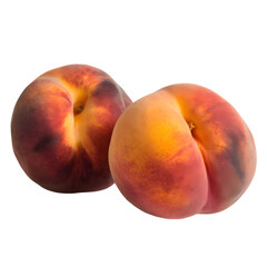 Two ripe peaches side by side with red, orange, and yellow hues