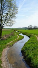 Fototapeta premium Winding stream glistens under a clear sky in a serene countryside landscape