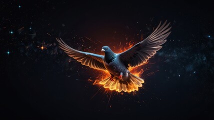 Obraz premium A dove in flight with glowing wings against a dark starry sky.