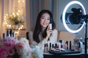 A woman is holding a makeup brush and smiling in front of a makeup table