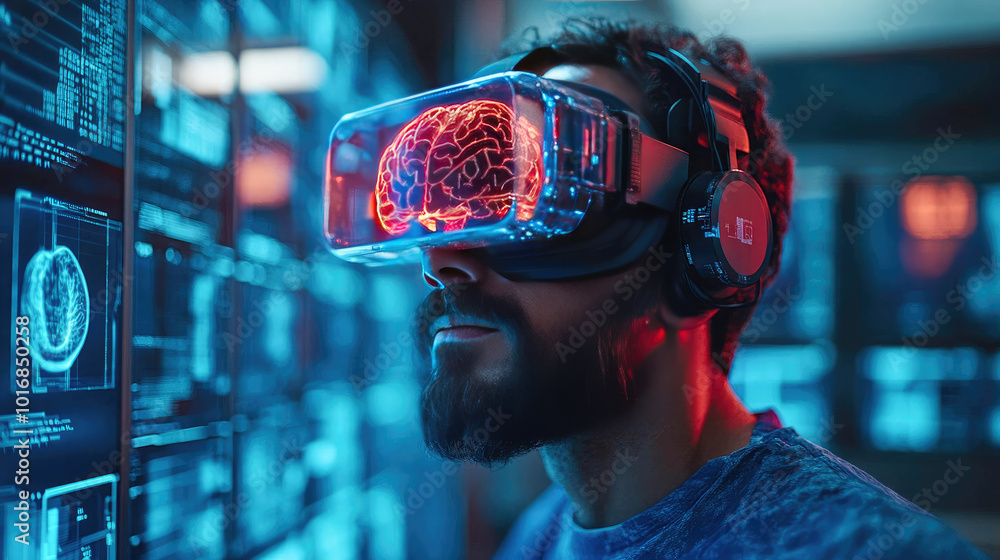 Aufkleber a man wearing a futuristic vr headset with a brain scan visible. a scene highlighting virtual realit