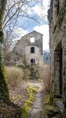 Obraz premium Abandoned stone building surrounded by overgrown vegetation near a serene pathway in daylight