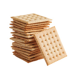 Stack of beige square crackers slightly tilted, plain white background