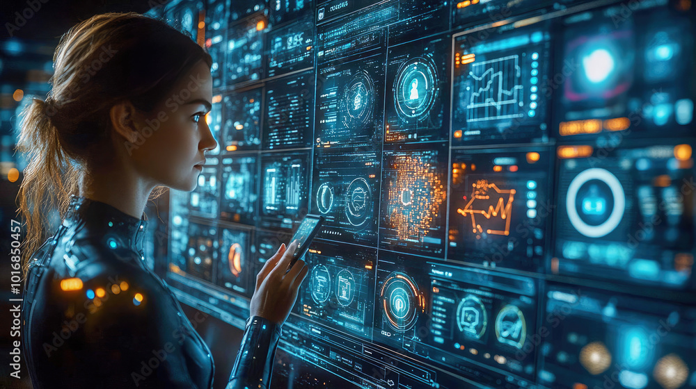 Aufkleber profile of a woman in a high-tech environment, analyzing data on a digital wall. surrounded by holog