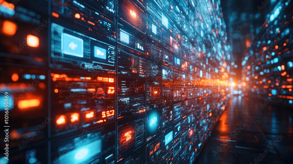 Aufkleber long futuristic corridor lined with illuminated data panels displaying digital information in a sci-