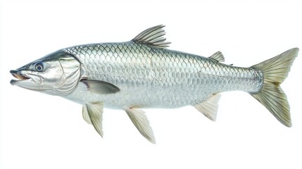 Fototapeta premium Atlantic Tarpon known for its vibrant silver body and elongated shape swims elegantly highlighting its unique physical characteristics and stunning scales.