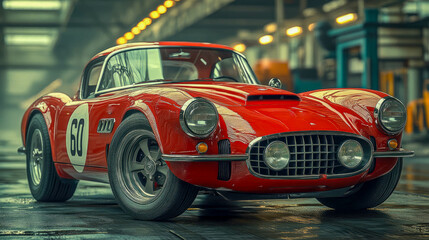 Obraz premium Vintage racing car with a classic design, parked in a sleek industrial garage