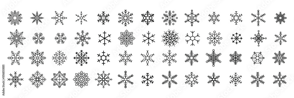 Poster Snowflake simple black line icons snow vector set. Set of snowflake icons. Christmas and New Year icon collection.