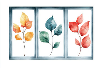 A vibrant watercolor triptych featuring autumn leaves in shades of orange, green, and red, beautifully framed.