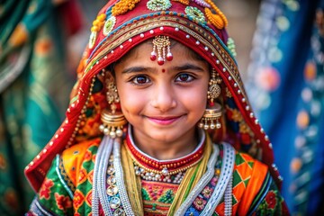 Close-up portrait of young girl in traditional indian attire with intricate jewelry