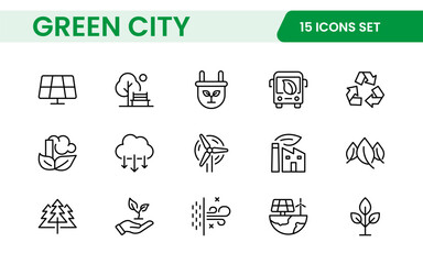 Line icons about green city. Sustainable development. Contains such icons as renewable energy, autonomous building, air and water quality.
