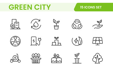 Line icons about green city. Sustainable development. Contains such icons as renewable energy, autonomous building, air and water quality.