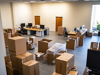 Office being packed up with boxes for move.