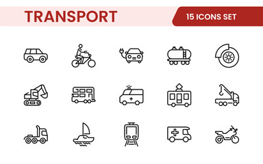 Transport icon set. Containing distribution, shipping, transportation, delivery, cargo, freight, route planning, supply chain, export and import icons. Solid icon collection.