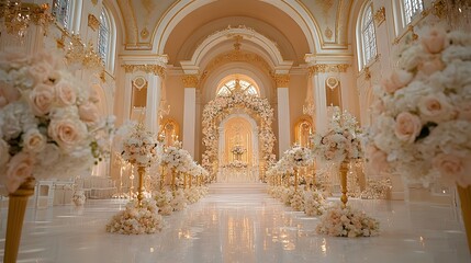 Luxurious floral adorned wedding decor with gold accents crystal chandeliers and a custom glamorous aesthetic for a grand high end event in a magnificent ballroom setting