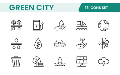 Line icons about green city. Sustainable development. Contains such icons as renewable energy, autonomous building, air and water quality.