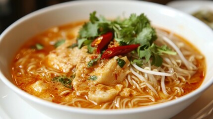 Savory Bowl of Spicy Noodle Soup with Herbs