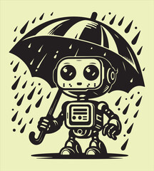 Robot holding umbrella in rain silhouette vector