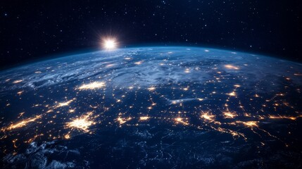 Obraz premium Digital network of Earth from space, showing light trails connecting countries and cities. generative ai