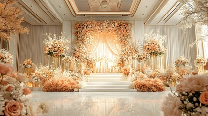 Breathtaking Floral Adorned Wedding Ceremony in a Lavish Ballroom with Opulent Golden Accents Chandeliers and a Timeless Elegant Aesthetic