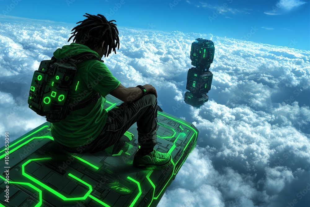 Poster futuristic depiction of a hacktivist launching a cyber protest from a floating, high-tech city, targ
