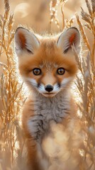Fototapeta premium Adorable Baby Fox Peeking Through Golden Grasses in Sunlight