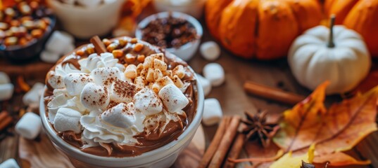 Fototapeta premium Thanksgiving Hot Chocolate Bar with Whipped Cream, Marshmallows, Cinnamon, and Caramel Toppings
