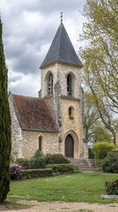 Fototapeta premium Charming stone chapel with a tall steeple surrounded by trees in a tranquil countryside setting