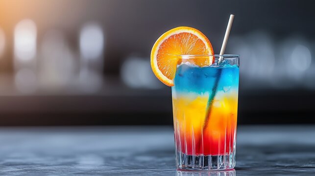 Colorful Rainbow Cocktail in Layered Glass with vibrant colors from red to blue, served in a clear tall glass with a slice of orange and a small broomstick as garnish. 