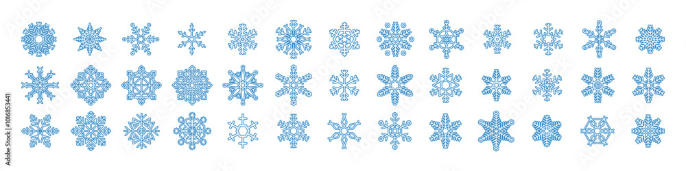 Poster Snowflake simple black line icons snow vector set. Set of snowflake icons. Christmas and New Year icon collection.