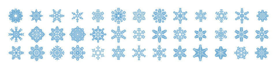 Snowflake simple black line icons snow vector set. Set of snowflake icons. Christmas and New Year icon collection.